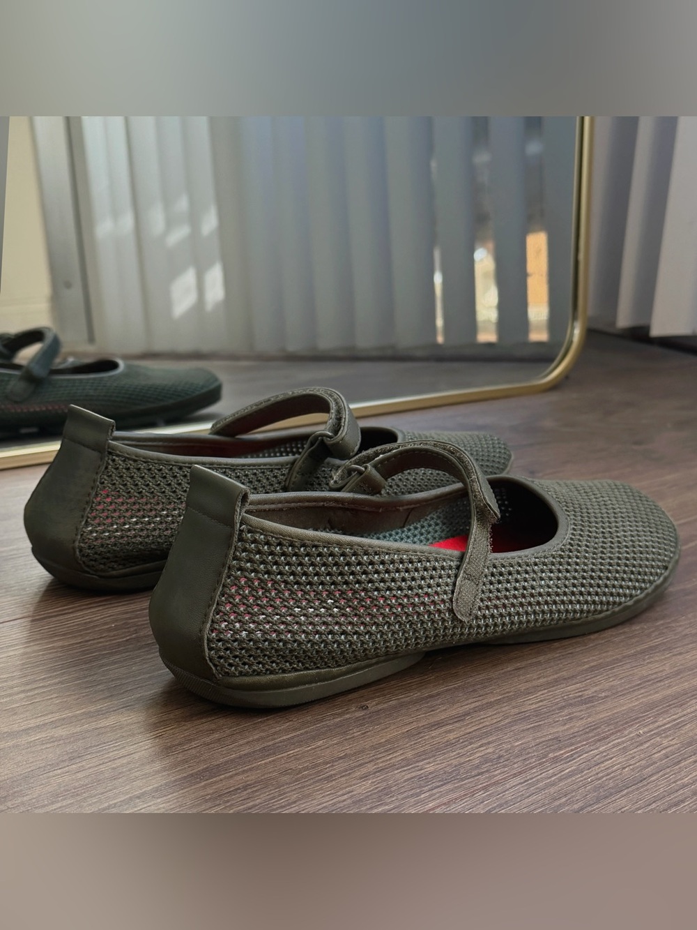 Camper Olive Green Mesh Mary Jane Flats